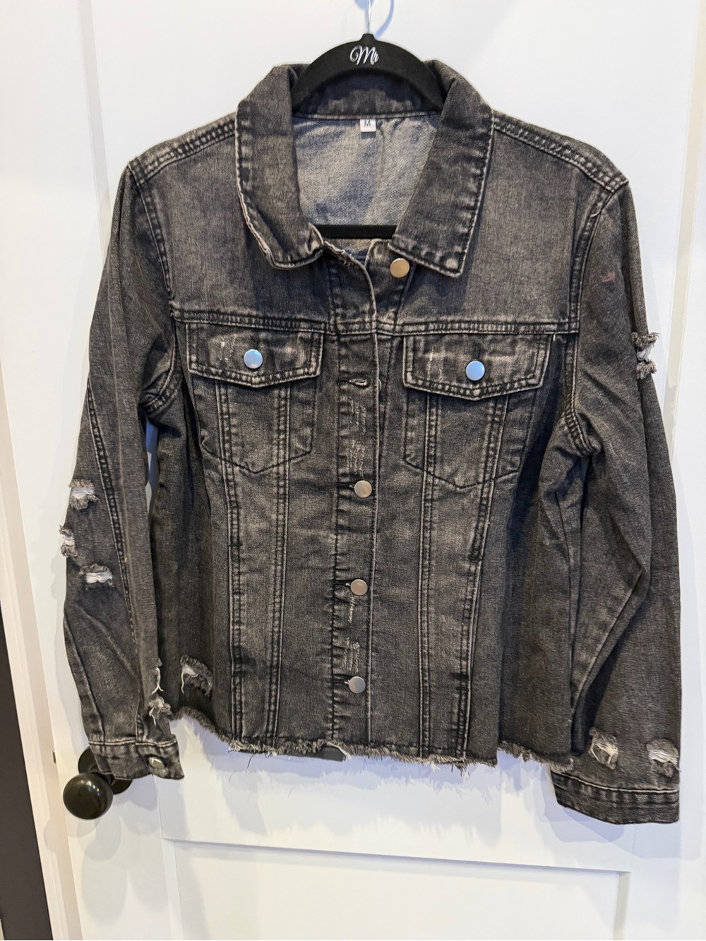 Women's Distressed Black Denim Jacket - Casual Cropped Trucker